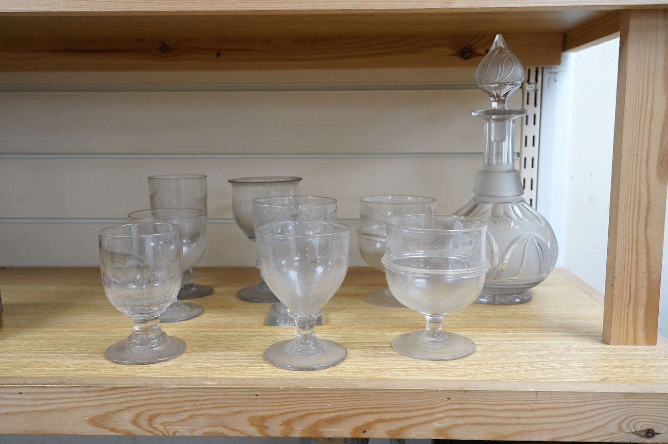 A collection of various sized rummers from 19th to 20th century and a cut glass decanter and stopper, decanter and stopper 32cm high. Condition - fair